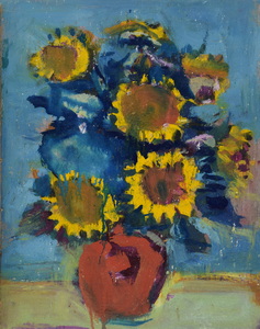 Werkverzeichnis Nr. 1523, um 1989, Sonnenblumen in brauner Vase vor blauer Wand, Öl auf Karton, 42,0 x 33,2 cm