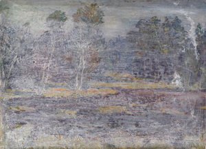 Werkverzeichnis Nr. 1494, um 1989, Bäume in flacher Landschaft, weiß übermalt, Acryl, Öl auf Karton, 40,3 x 58,0 cm