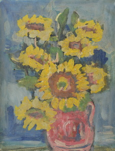 Werkverzeichnis Nr. 1518, um 1989, Sonnenblumen in hellbrauner Vase vor graublauer Wand, Öl auf Karton, 48,4 x 37,7 cm