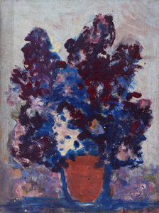 Werkverzeichnis Nr. 1524, um 1989, Fliederstrauß in dunkelbrauner Vase vor heller Wand, Öl auf Karton, 48,8 x 37,4 cm