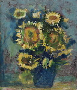 Werkverzeichnis Nr. 1519, um 1989, Sonnenblumen in dunkelblauer Vase, Öl auf Karton, 48,8 x 42,8 cm