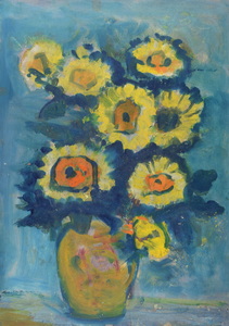 Werkverzeichnis Nr. 1521, um 1989, Sonnenblumen in hellbrauner Vase, Öl auf Karton, 52,8 x 38,5 cm