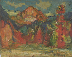 Werkverzeichnis Nr. 1516, um 1989, Blick auf einen Berg mit roten Bäumen, Öl auf Hartfaser, 56,3 x 71,0 cm
