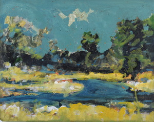 Werkverzeichnis Nr. 1475, um 1989, Bäume mit einer Wassesrfläche, Öl auf Hartfaser, 56,6 x 70,7 cm