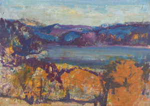 Werkverzeichnis Nr. 1485, um 1989, See zwischen Bergen, Öl auf Karton, 57,0 x 80,0 cm