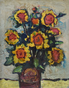 Werkverzeichnis Nr. 1520, um 1989, Sonnenblumen in brauner Vase auf gelbem Tisch, Öl auf Hartfaser, 70,5 x 56,5 cm