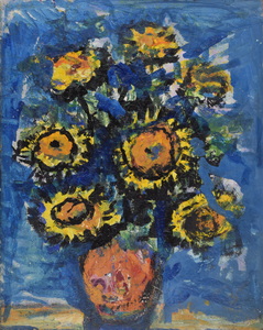Werkverzeichnis Nr. 1522, um 1989, Sonnenblumen in brauner Vase auf hellem Tisch, Öl auf Hartfaser, 70,7 x 56,4 cm