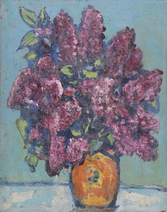 Werkverzeichnis Nr. 1525, um 1989, Fliederstrauß in brauner Vase, Öl auf Hartfaser, 71,0 x 56,6 cm