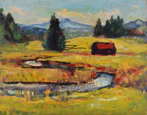 Werkverzeichnis Nr. 1487, um 1989, Hügelige Landschaft mit einem Bach und eine Hütte, Öl auf Hartfaser, 56,4 x 70,8 cm