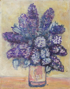 Werkverzeichnis Nr. 1526, um 1989, Fliederstrauß in rosa Vase, Öl auf Hartfaser, 71,0 x 56,5 cm