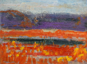 Werkverzeichnis Nr. 1528, 1990-93, Landschaft mit Wald und Gewässer, Acryl/Öl auf Karton, 36,8 x 44,8 cm