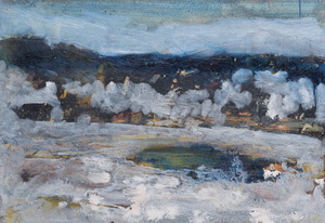 Werkverzeichnis Nr. 1529 <br> 1990-93, Winterlandschaft mit Teich, Acryl/Öl auf Karton, 38,3 x 53,0 cm