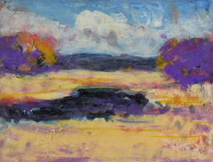 Werkverzeichnis Nr. 1527, um 1990, Kleiner See mit Bäumen, Acryl/Öl auf Karton, 37,3 x 48,8 cm
