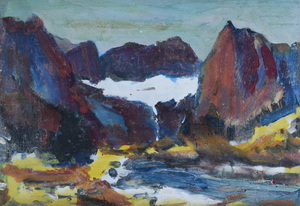 Werkverzeichnis Nr. 1562, um 1990, Berge mit See, Acryl, Öl auf Karton, 40,0 x 56,8 cm