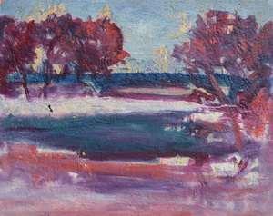 Werkverzeichnis Nr. 1530, um 1990, See mit Bäumen, Acryl auf Hartfaser, 54,3 x 69,4 cm, 
						Rückseite von Werkverzeichnis Nr. 654, um 1972, Königsee