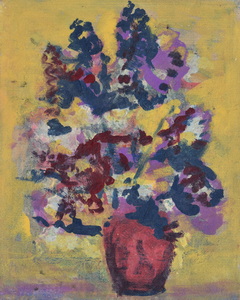 Werkverzeichnis Nr. 1591, um 1990, Fliederstrauß vor gelbem Hintergrund, Acryl auf Hartfaser, 71,1 x 56,5 cm