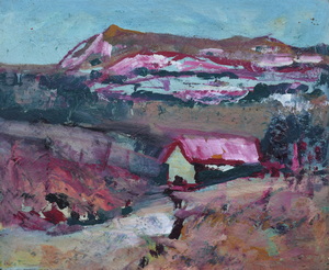 Werkverzeichnis Nr. 1573, um 1990, Haus im Gebirge, Acryl auf Karton, 37,8 x 46,1 cm