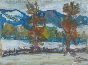 Werkverzeichnis Nr. 1567, um 1990, Gebirgsmassiv mit Bäumen, Acryl auf Karton, 15,5 x 21,1 cm