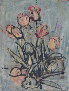 Werkverzeichnis Nr. 1597, um 1990, Rosa Tulpen, Acryl auf Karton, 37,3 x 49,3 cm