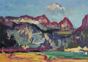 Werkverzeichnis Nr. 1560, um 1990, Berglandschaft mit See, Acryl auf Karton, 38,0 x 53,0 cm
