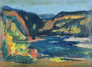 Werkverzeichnis Nr. 1564, um 1990, Alpensee, Öl/Acryl auf Karton, 38,1 x 52,3 cm