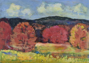 Werkverzeichnis Nr. 1555, um 1990, Hügelige Landschaft mit Bäumen, Acryl auf Karton, 38,1 x 52,9 cm