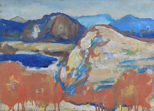Werkverzeichnis Nr. 1563, um 1990, Berge mit kleinem See, Acryl auf Karton, 38,1 x 53,0 cm