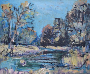 Werkverzeichnis Nr. 1545, um 1990, Bäume an der Amper, Acryl auf Karton, 38,5 x 47,6 cm
