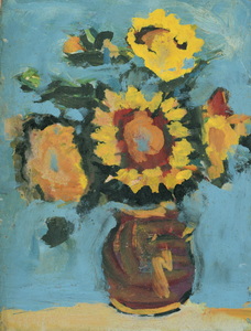 Werkverzeichnis Nr. 1581, um 1990, Sonnenblumen vor blauem Hintergrund, Öl auf Karton, 40,0 x 30,2 cm