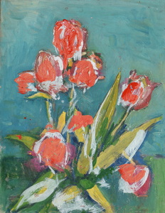 Werkverzeichnis Nr. 1598, um 1990, rote Tulpen vor hellblauem und grünem Hintergrund, Acryl auf Karton, 48,3 x 37,5 cm