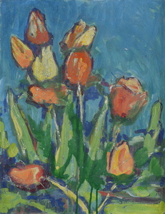 Werkverzeichnis Nr. 1599, um 1990, Rote Tulpen und eine weiße Tulpe vor blauem Hintergrund, Acryl auf Karton, 48,3 x 37,5 cm
