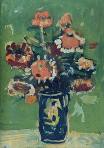 Werkverzeichnis Nr. 1584, um 1990, Sonnenblumen vor grünem Hintergrund, Acryl/Öl auf Karton, 52,9 x 38,0 cm