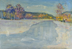 Werkverzeichnis Nr. 1552, um 1990, Isar im Winter, Acryl/Öl auf Karton, 53,0 x 76,7 cm