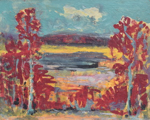 Werkverzeichnis Nr. 1544, um 1990, Gewässer mit Bäumen, Acryl auf Hartfaser, 56,4 x 71,0 cm