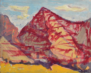 Werkverzeichnis Nr. 1576, um 1990, Bergstudie in Rot, Öl auf Hartfaser, 56,5 x 70,5 cm