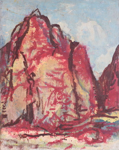 Werkverzeichnis Nr. 1577, um 1990, Berg in Rot, Öl auf Hartfaser, 56,5 x 71,0 cm