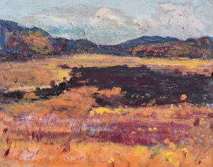 Werkverzeichnis Nr. 1535, um 1990, Moorsee im Voralpengebiet, Öl/ Acryl auf Hartfasern, 56,5 x 71,0 cm