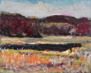 Werkverzeichnis Nr. 1536, um 1990, Moorsee mit Hügeln, Öl/ Acryl auf Hartfaser, 56,8 x 71,0 cm