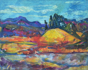 Werkverzeichnis Nr. 1539, um 1990, See mit Hügel und Bäumen, Acryl auf Hartfaser, 57,2 x 71,4 cm