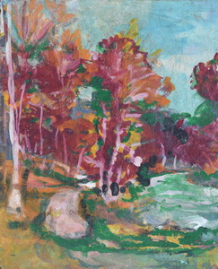 Werkverzeichnis Nr. 1550, um 1990, Bäume im Mühltal bei Starnberg, Öl auf Hartfaser, 69,5 x 56,5 cm