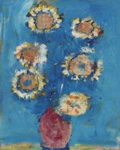 Werkverzeichnis Nr. 1582, um 1990, Sonnenblumen in roter Vase, Acryl auf Hartfaser, 71,0 x 56,5 cm