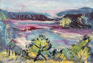 Werkverzeichnis Nr.1551, um 1990, Isar, Öl auf Karton, 53,0 x 76,5 cm