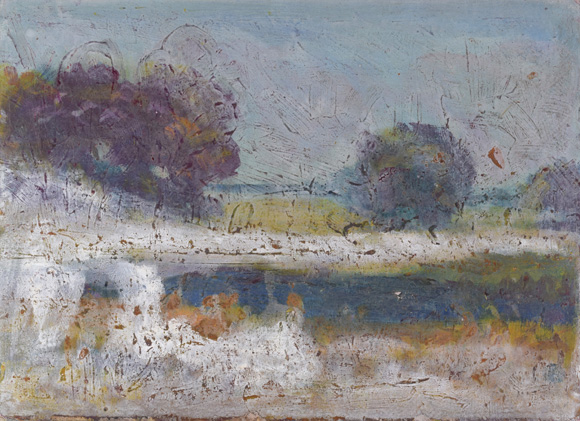  Weiher mit Bäumen und Nebel, um 1990,  Acryl, Öl auf Karton, 37,1 x 50,3 cm  