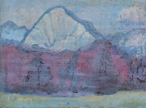 Werkverzeichnis Nr. 1568, um 1990, Gebirgsmassiv, weiß übermalt, Acryl, Öl auf Karton, 26,0 x 35,2 cm
