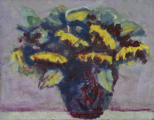 Werkverzeichnis Nr. 1587, um 1990, Sonnenblumen in dunkler Vase, Öl auf Karton, 29,0 x 37,6 cm