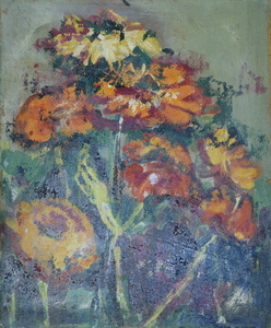 Werkverzeichnis Nr. 1590, um 1990, Blumen vor grauem Grund, Acryl, Öl auf Karton, 36,9 x 30,7 cm