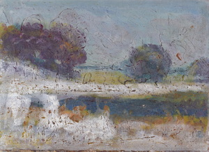 Werkverzeichnis Nr. 1533, um 1990, Weiher mit Bäumen und Nebel, um 1990, Acryl, Öl auf Karton, 37,1 x 50,3 cm