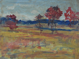 Werkverzeichnis Nr. 1543, um 1990, Mooslandschaft mit Bäumen, Öl auf Karton, 37,4 x 48,4 cm