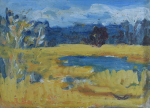 Werkverzeichnis Nr. 1537, um 1990, Mooslandschaft mit See und Bäume, Öl auf Karton, 38,1 x 52,8 cm