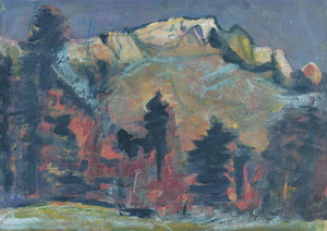 Werkverzeichnis Nr. 1569, um 1990, Gebirgsmassiv mit Bäumen, Öl auf Karton, 38,2 x 53,0 cm